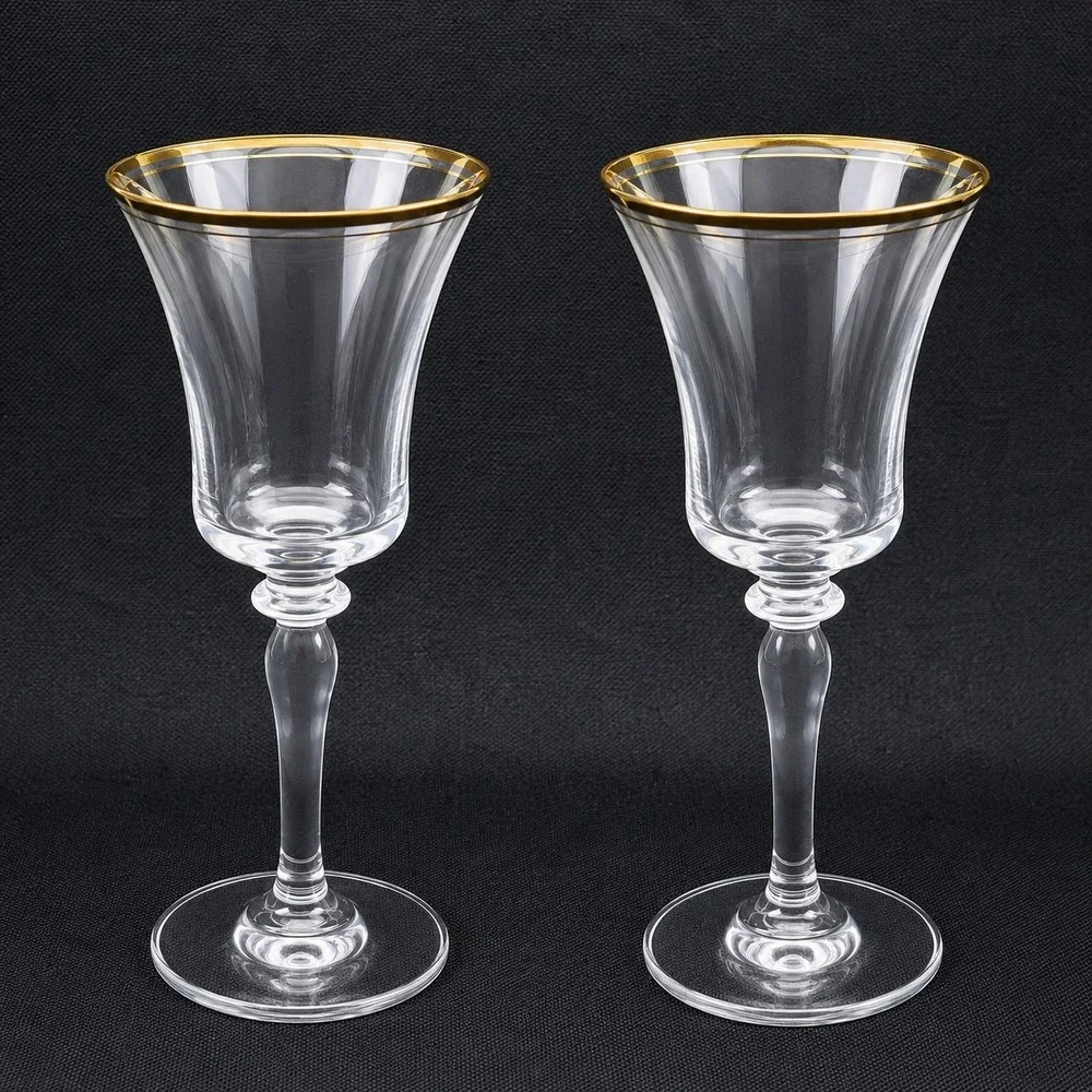 Mikasa‎ Jamestown handblown Wine Glasses Gold Rim Flared Tulip Baluster Stem 2pc